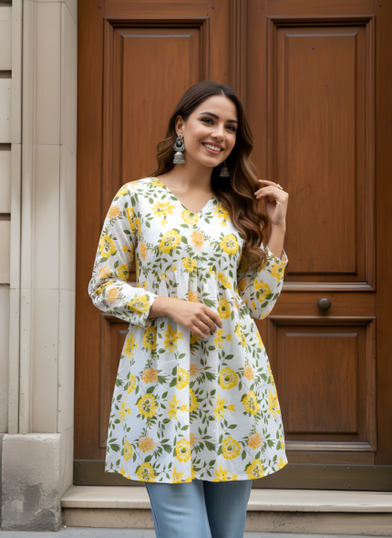 White Floral Cotton Short Kurti