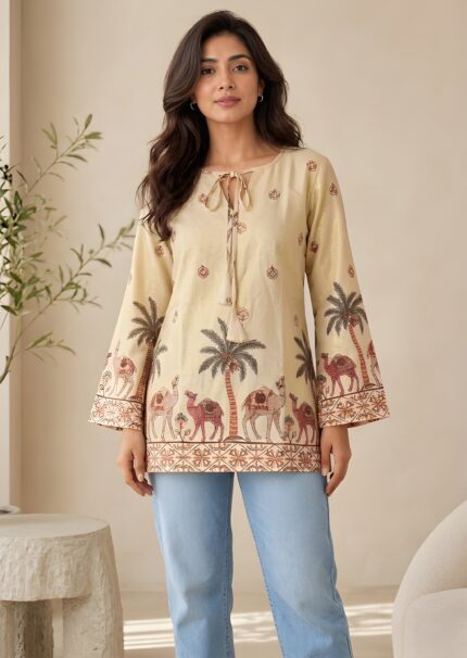 Women Tie up Neck Cotton Short Kurti With Corset Back