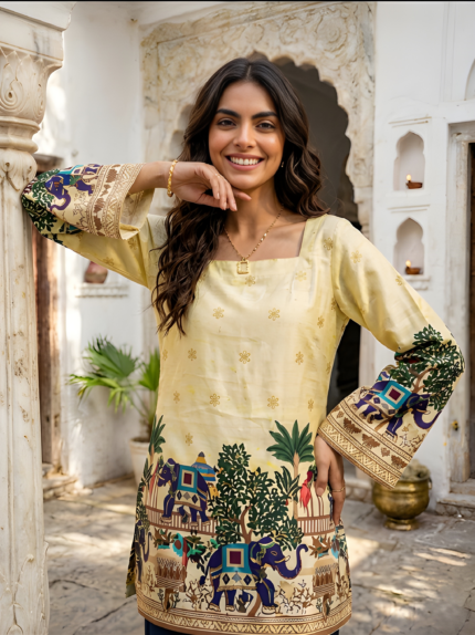 Women Square Neck Cotton Short Kurti with Corset Back