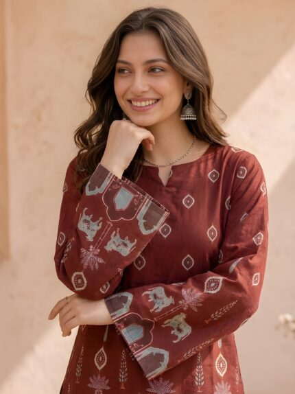 Women Maroon Corset Back Cotton Short Kurti