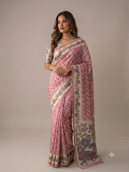 Women Pink Cotton Golden Patta Saree