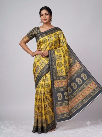 Women Yellow Cotton Golden Patta Saree