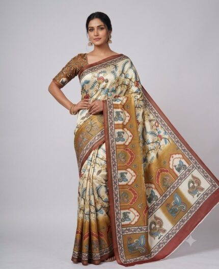 Women White Cotton Golden Patta Saree