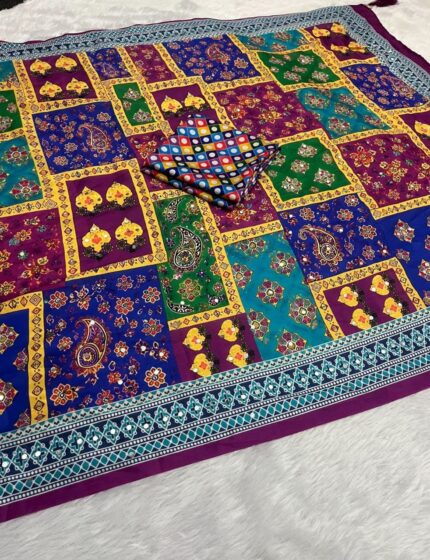 Women Ajrakh Print Mirror Work Saree