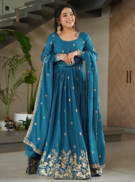 Women’s Blue Anarkali Gown With Embroidered Dupatta