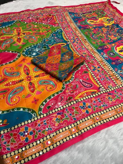 Women Ajrakh Print Mirror Work Saree