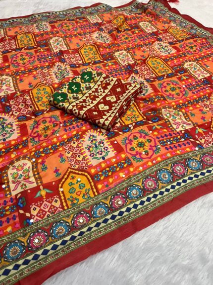 Women Ajrakh Print Mirror Work Saree