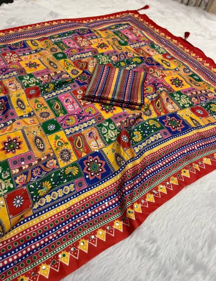 Women Ajrakh Print Mirror Work Saree