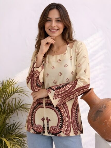 Women Cream Corset Back Cotton Short Kurti