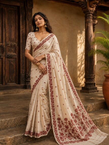 Women Ivory Cotton Saree