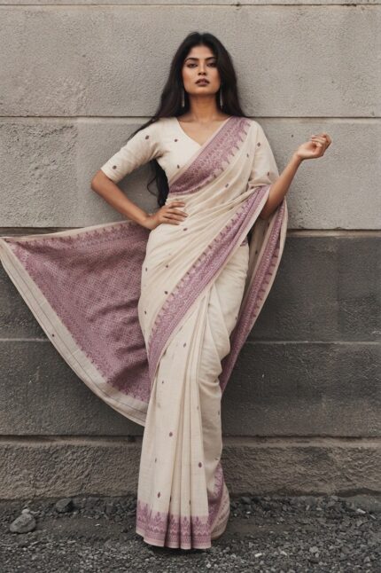 Women Beige Printed Cotton Saree