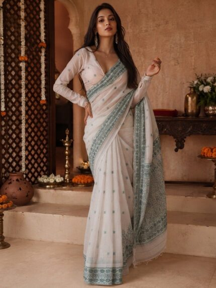 Women White Printed Cotton Saree