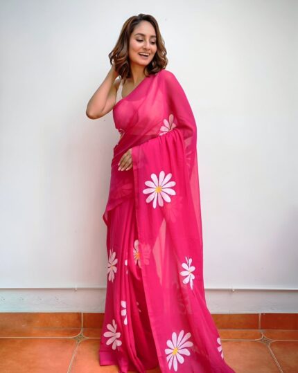 Women Flower Print Linen Cotton Saree