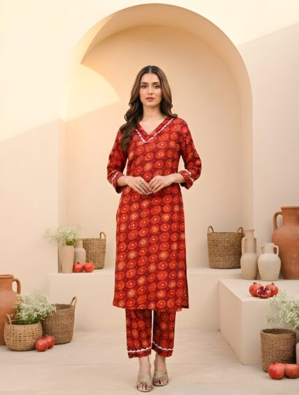 Women Red Printed Kurta Set