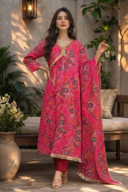 Women Red Bandhni print Kurta Set