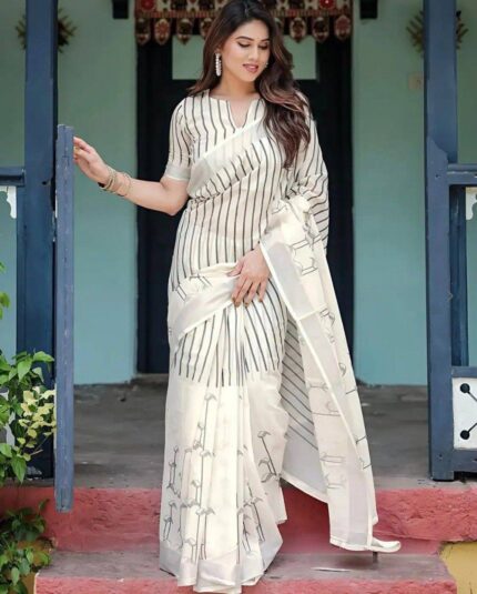 Women White Linen cotton Saree