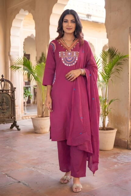 Women Rani Pink Embroidered Cotton Kurta set