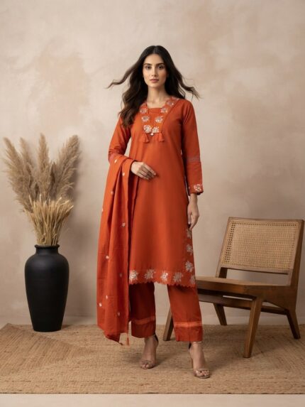 Women Elegant Orange Cotton Kurta Set