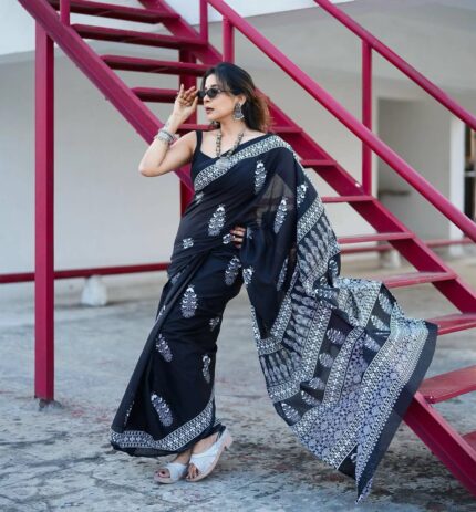 Women Black Linen Cotton Saree