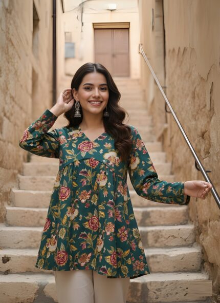 Women Green Floral Peplum Style Cotton Short Kurti