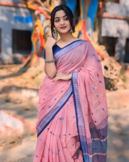 Women Pink Linen Cotton Saree