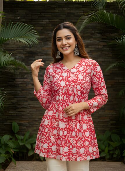 Women Red Peplum Style Cotton Short Kurti