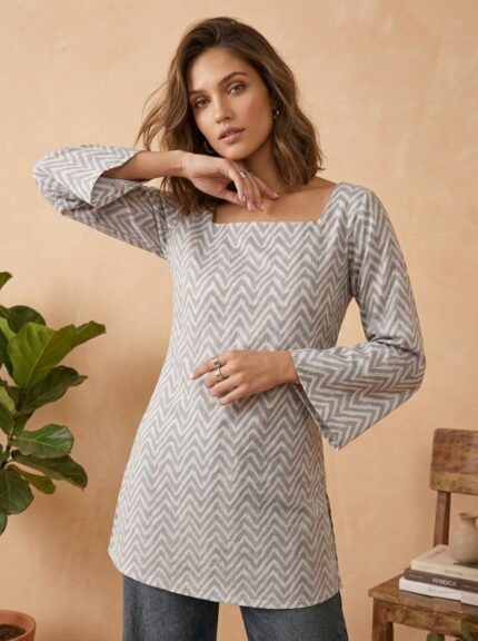 Women Grey ZigZag Cotton Short Kurti