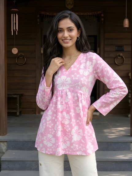 Women Pink Peplum Style Cotton Short Kurti